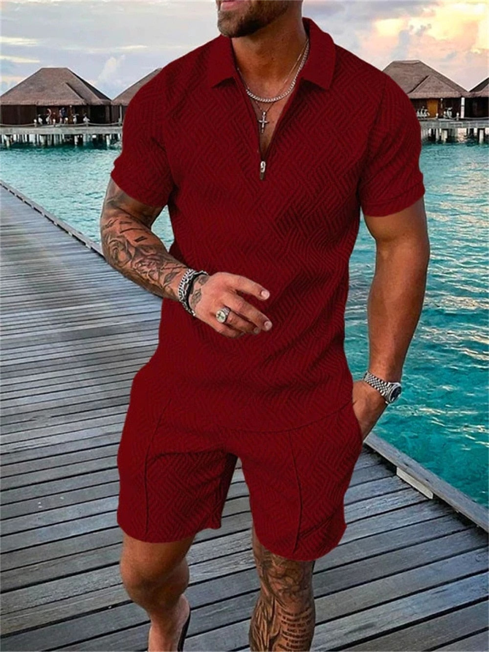 Solid color textured polo shirt set