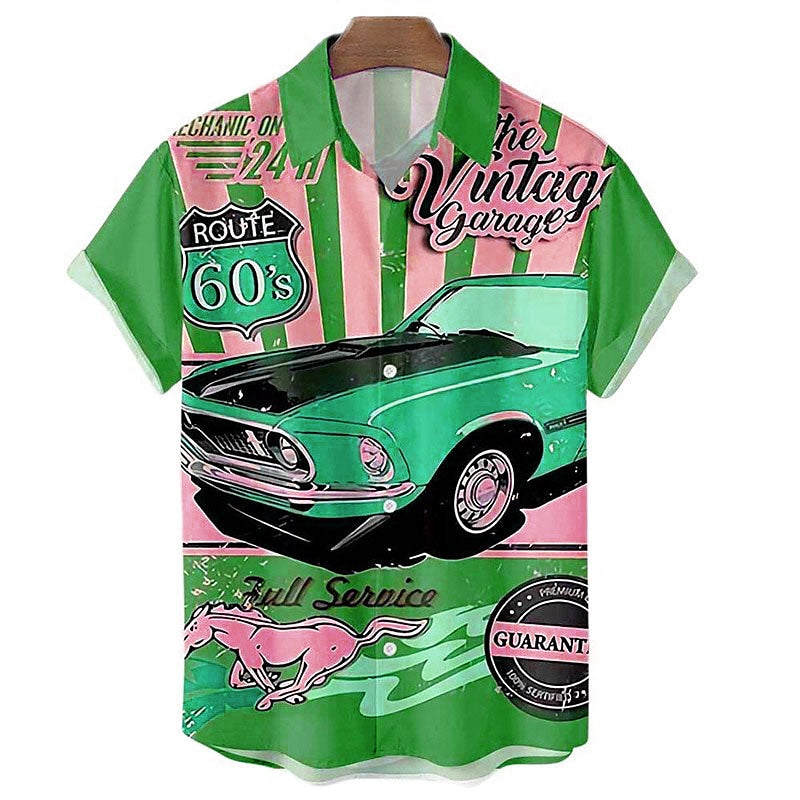 Camisa hawaiana de verano con letras de coche, camisa hawaiana de manga corta