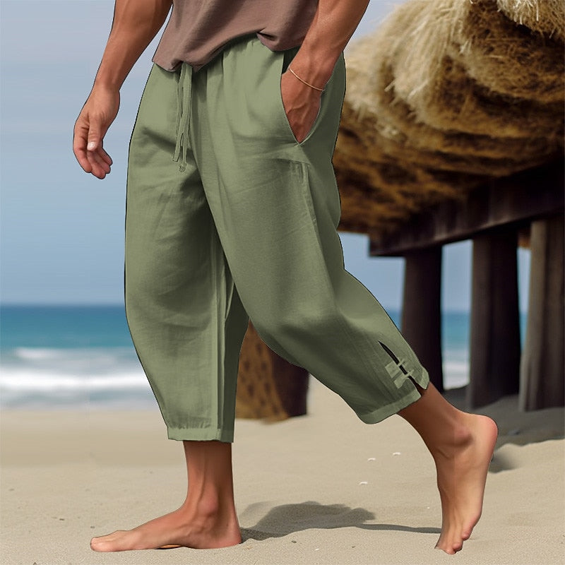 Cropped Linen Drawstring Beach Pants