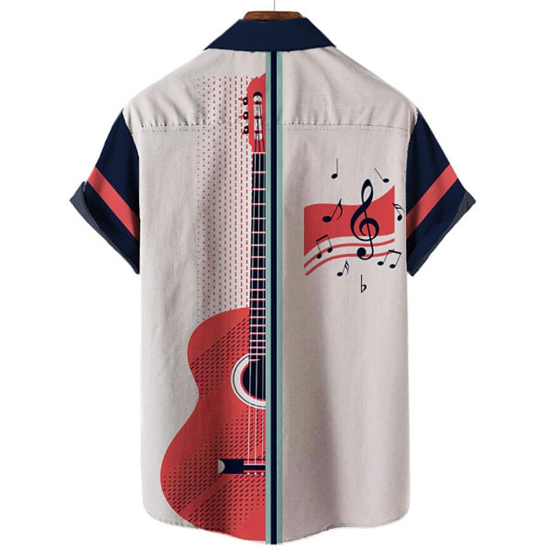 Camisa abotonada con instrumento musical de guitarra, camisa corta