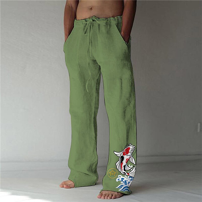 Fish Print Drawstring Beach Trousers