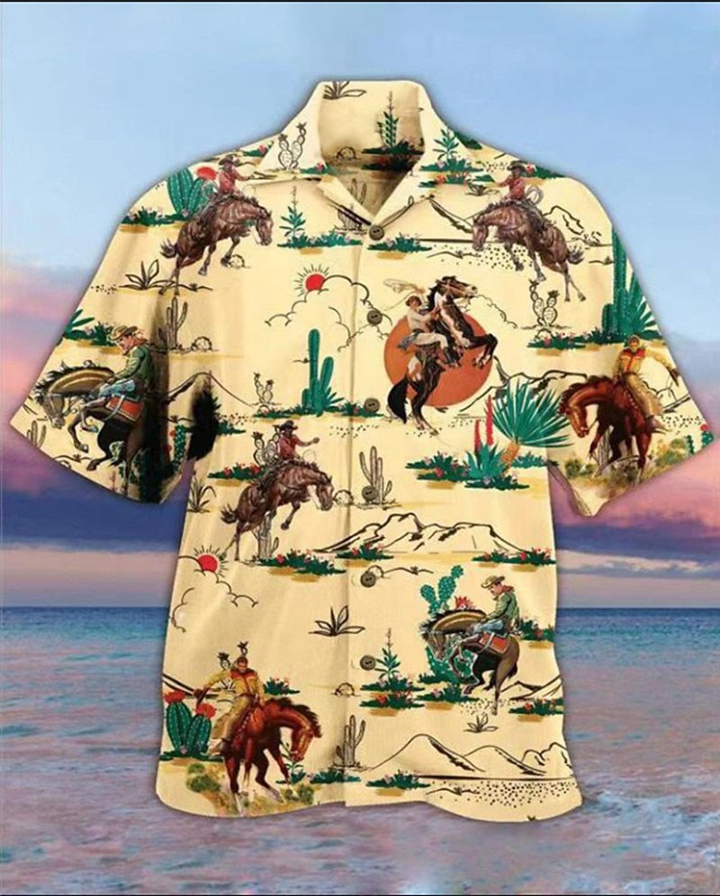 Shark Fish Palm Tree Camp Collar Shirt