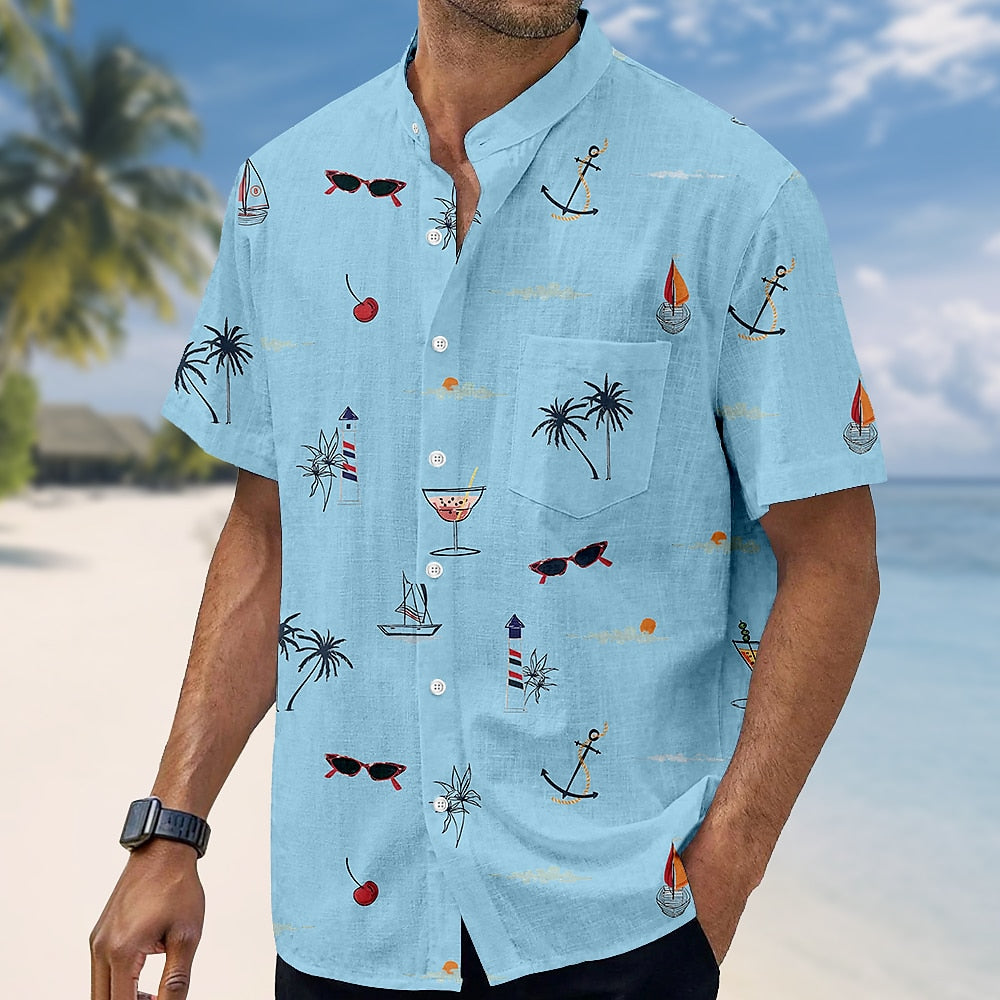 Coconut Tree Tropical Plants Band Collar Shirt