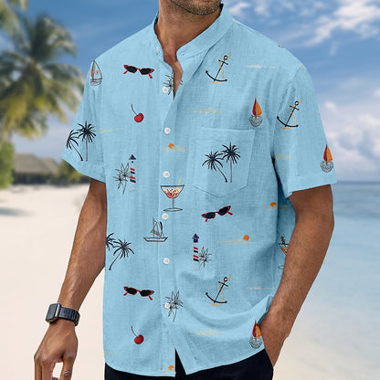Coconut Tree Tropical Plants Band Collar Shirt