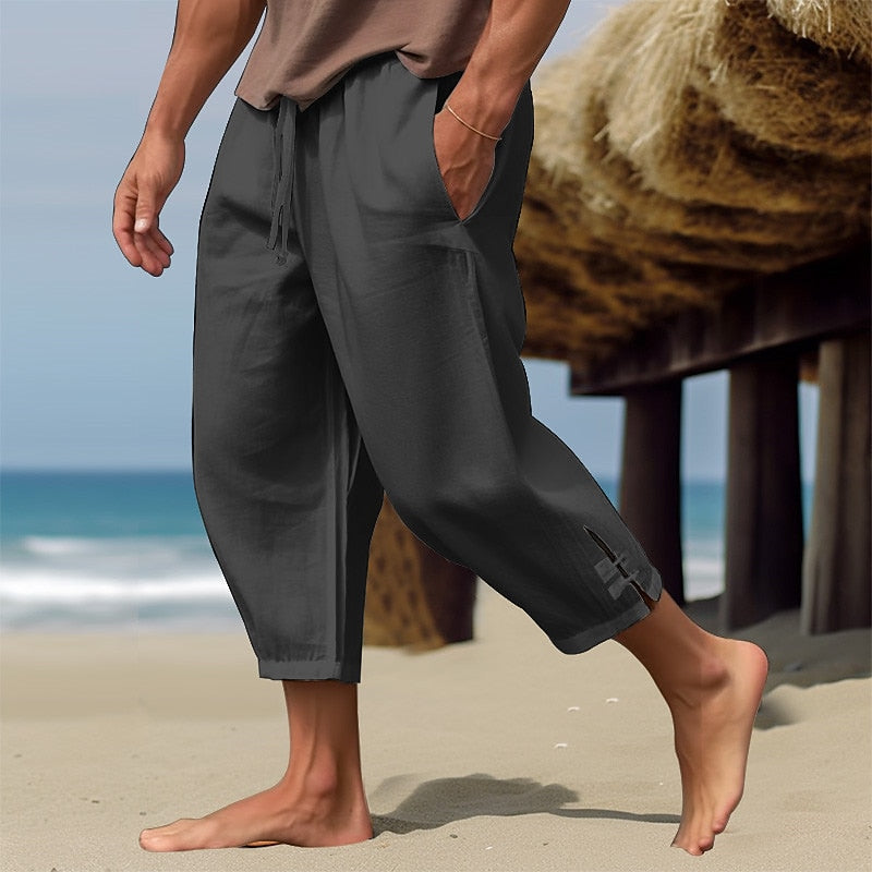 Cropped Linen Drawstring Beach Pants