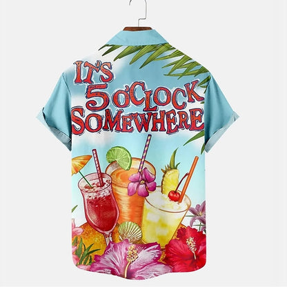 Camisa hawaiana de verano con letras de árbol de coco y bebida