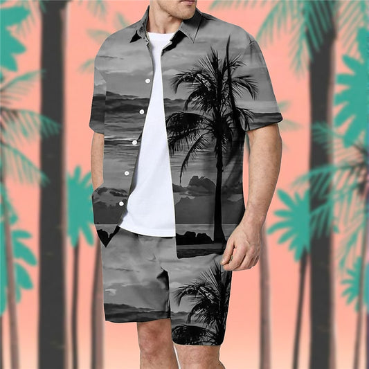 Coconut Tree Pattern Hawaiian Casual Shirt Set