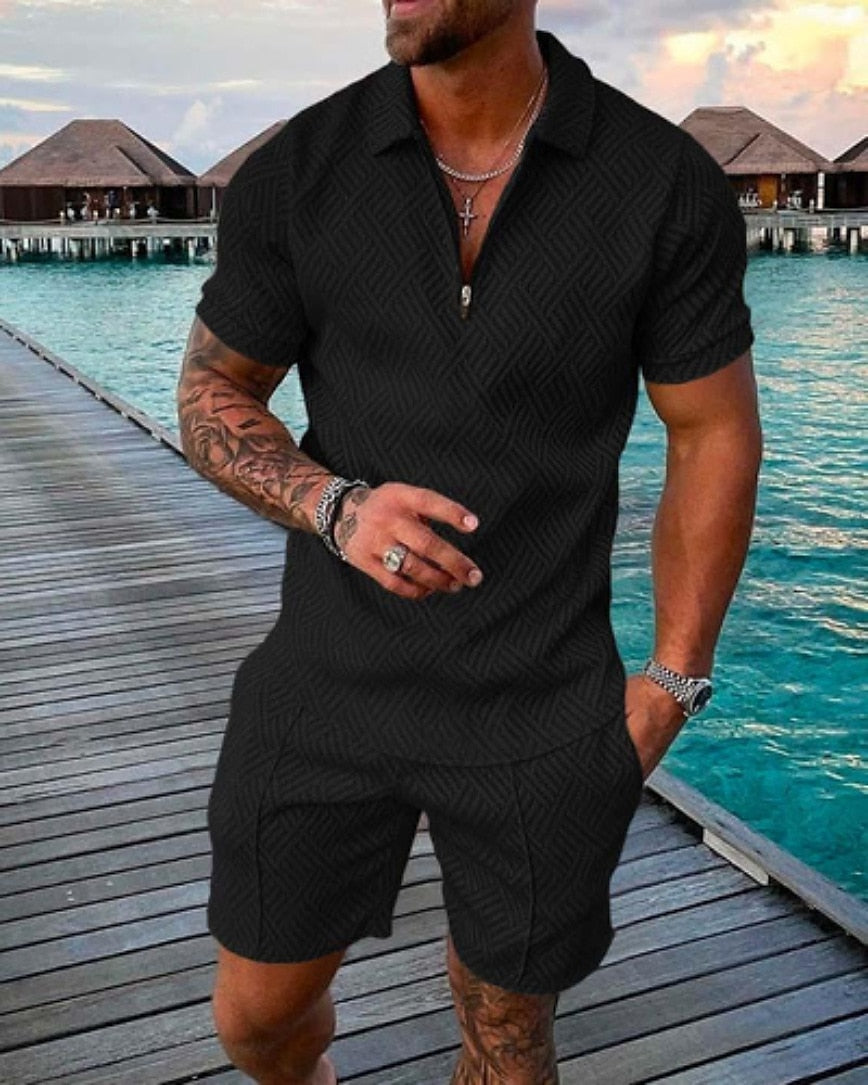 Solid color textured polo shirt set