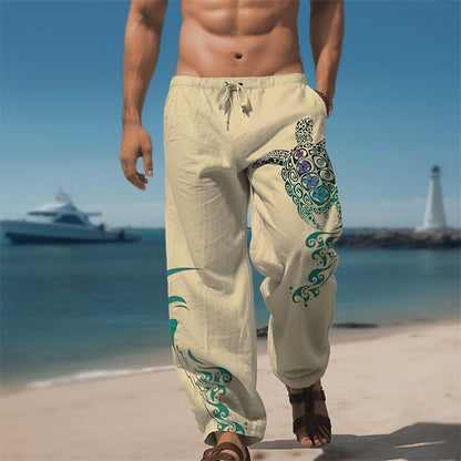 Turtle Print Linen Baggy Pants