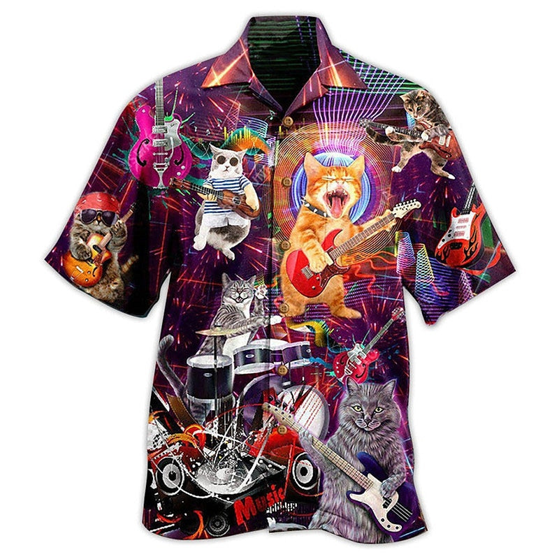 Camisa hawaiana de verano con diseño de gato y guitarra, camisa hawaiana de manga corta