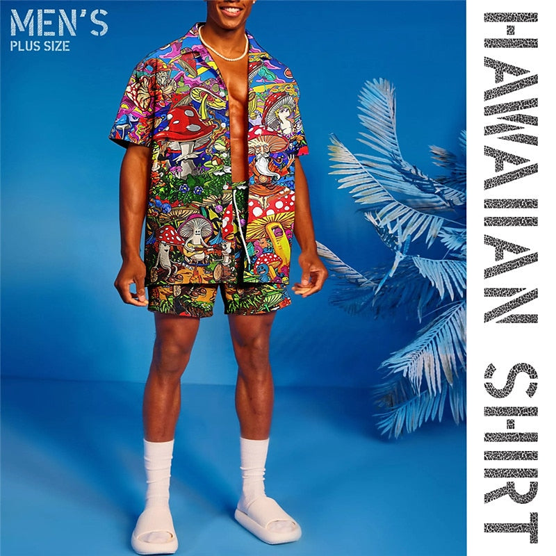 Graphic Mushroom Print Hawaiian Shirt Set