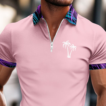 Tropical Palm Tree Zip Polo Shirt Summer