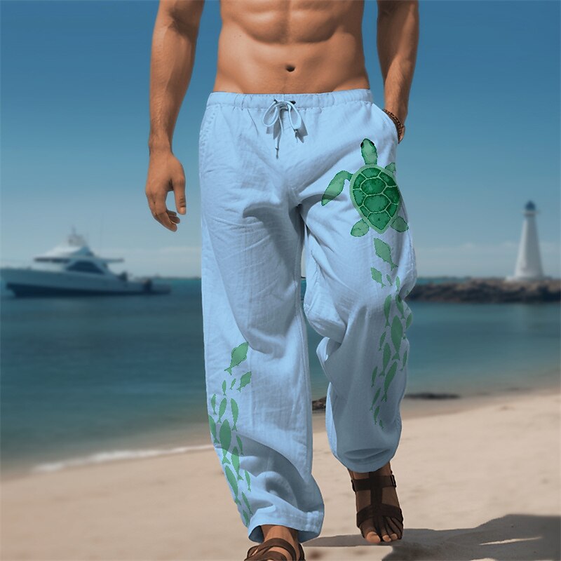 Turtle Print Linen Baggy Pants