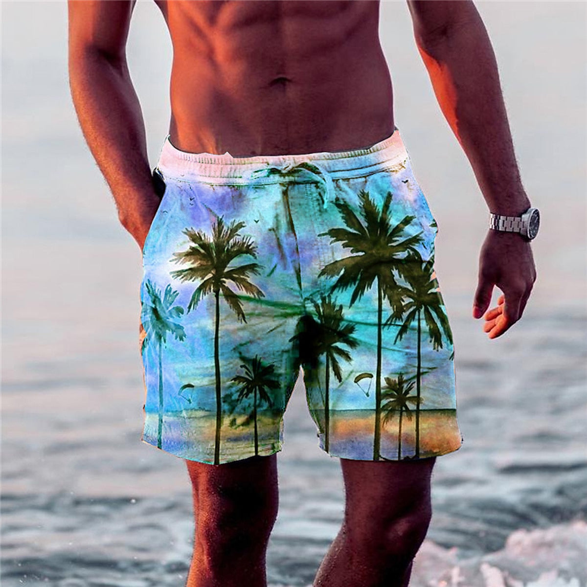 Coconut Tree Graphic Prints Swimming Shorts