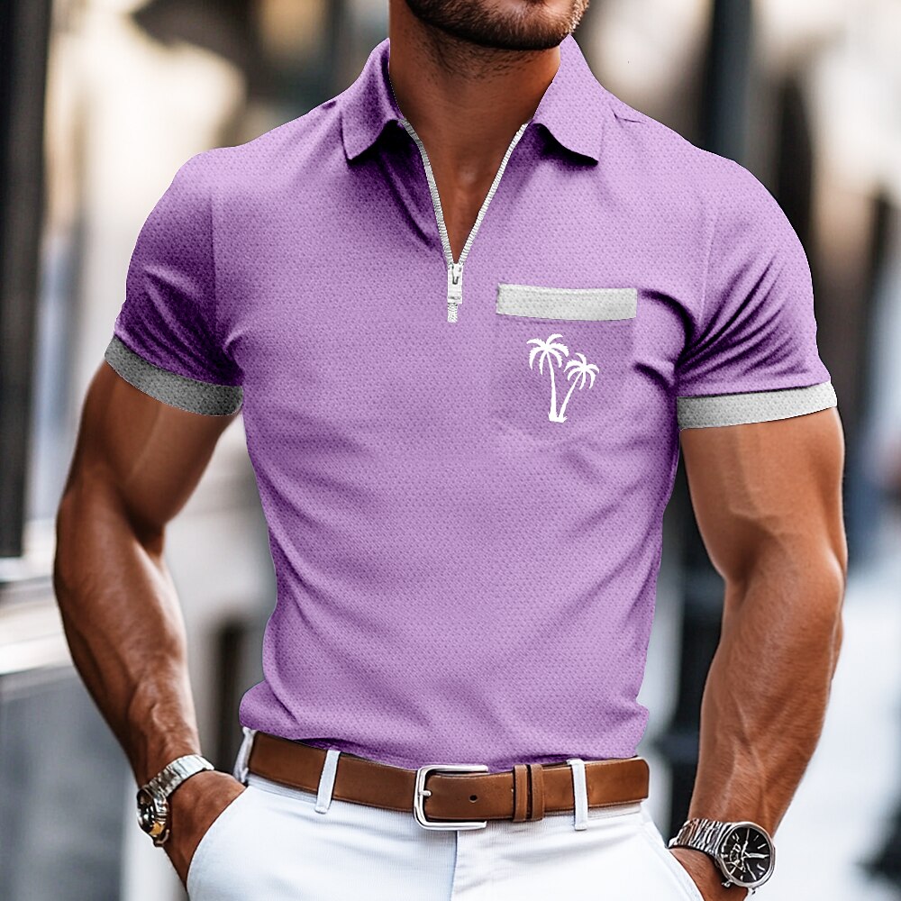 Palm Tree Zip Summer Casual Polo Shirt