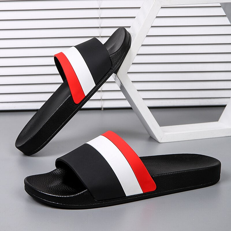 Sporty Slide Sandals with Red and White Stripes