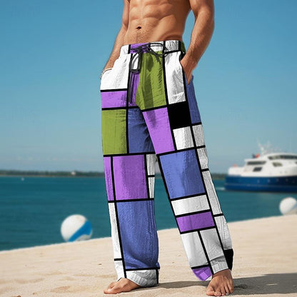 Plaid Color Block Resort 3D Printed Casual Pants