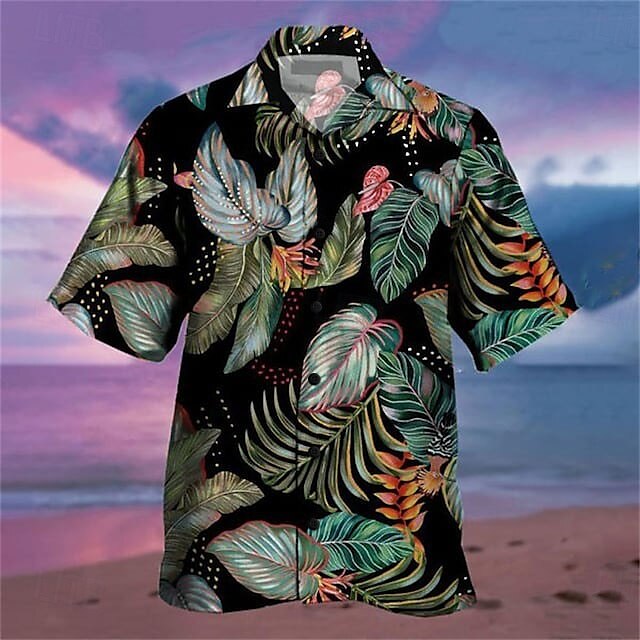 Camisa hawaiana de verano con botones y manga corta con estampado de guitarra colorida