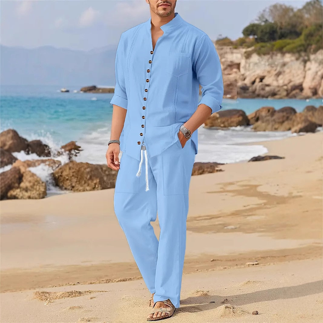 Solid color linen shirt two-piece set