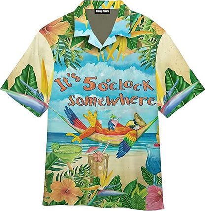 Camisa hawaiana de verano con letras de árbol de coco y bebida