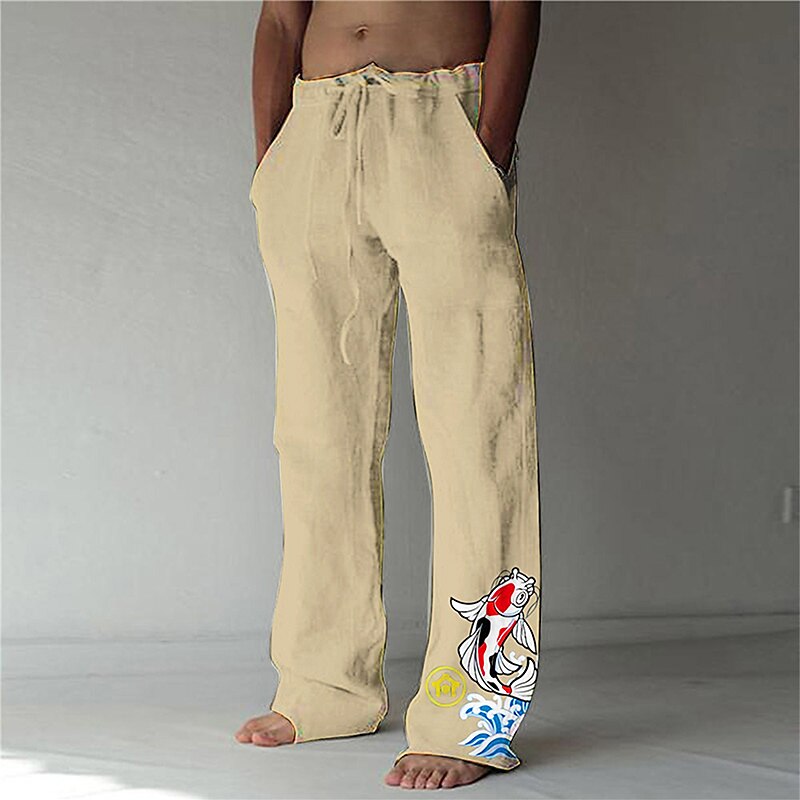 Fish Print Drawstring Beach Trousers