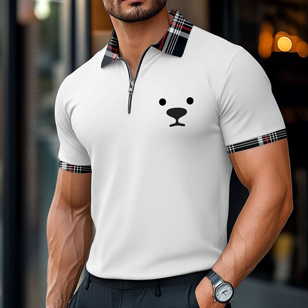 Dog Print Zip Polo Shirt Casual Summer Wear