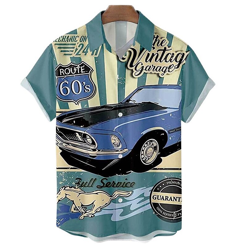 Camisa hawaiana de verano con letras de coche, camisa hawaiana de manga corta