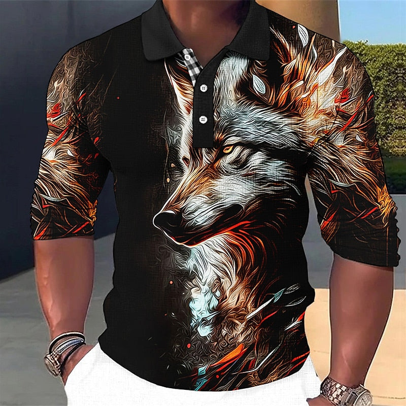 Wolf 3D Long Sleeve Polo Shirt