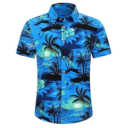 Camisa hawaiana de verano con estampado de árbol de coco y flores