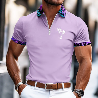 Tropical Palm Tree Zip Polo Shirt Summer