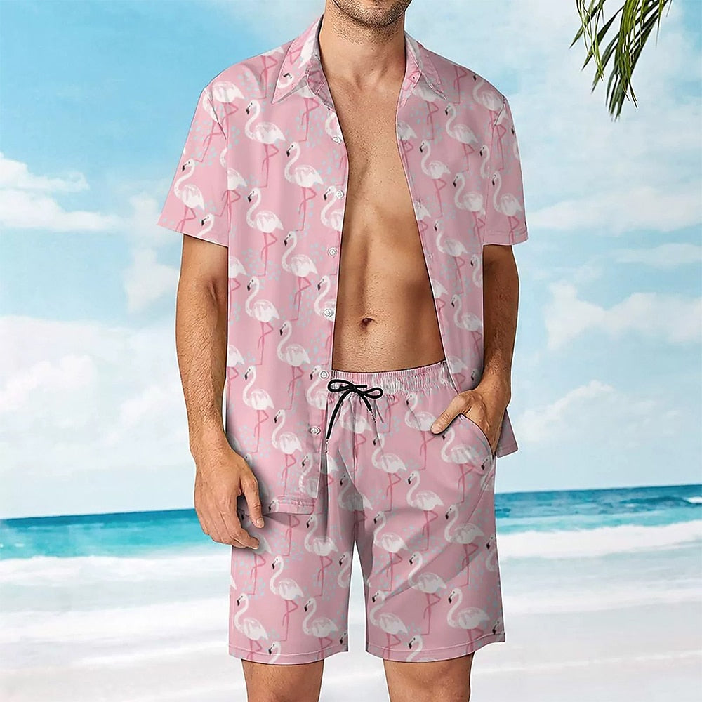 Pink Flamingo Print Shirt and Shorts Set
