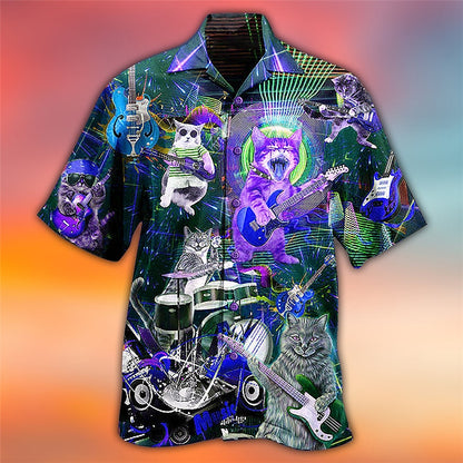 Camisa hawaiana de verano con diseño de gato y guitarra, camisa hawaiana de manga corta