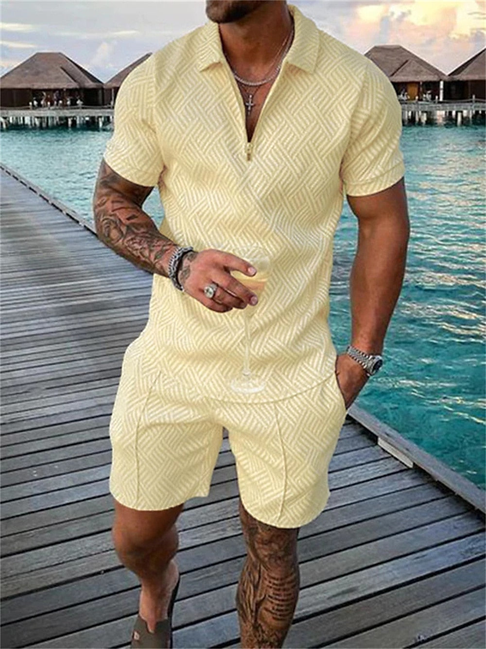 Solid color textured polo shirt set