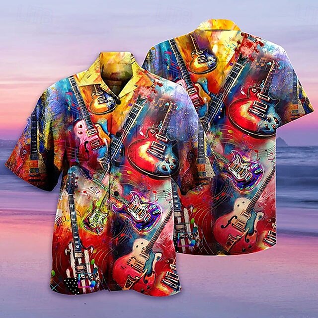 Camisa hawaiana de verano con botones y manga corta con estampado de guitarra colorida