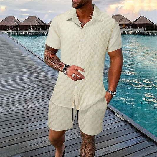 Solid Color Plaid Summer Casual Shirt Set