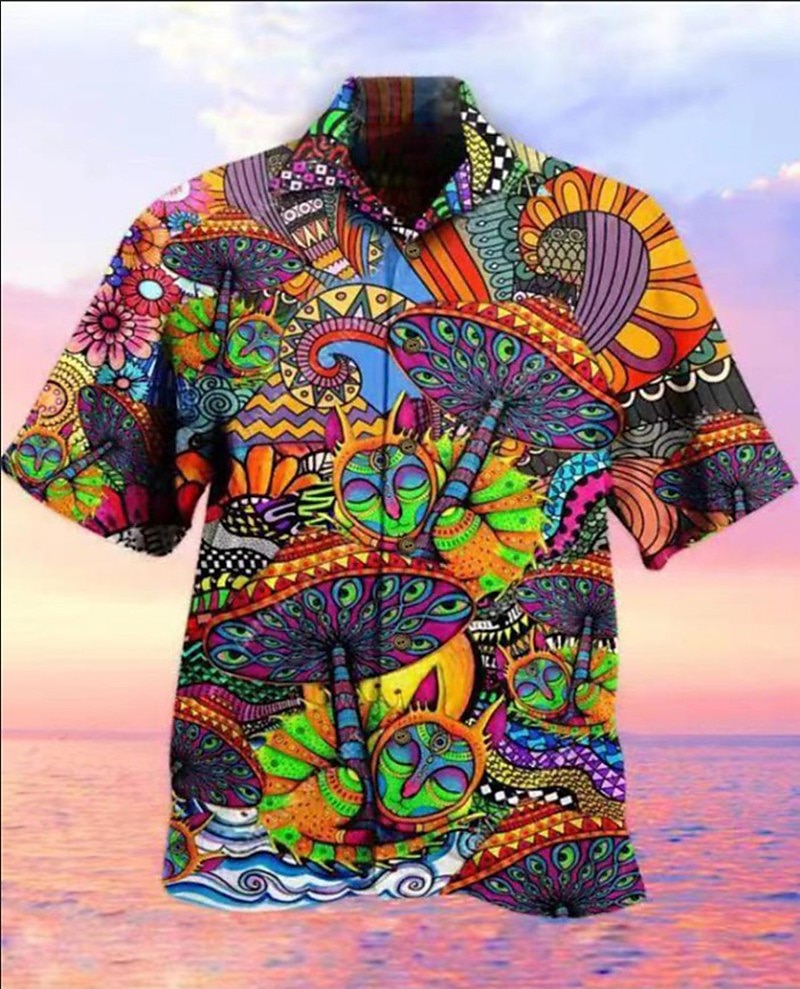 Shark Fish Palm Tree Camp Collar Shirt