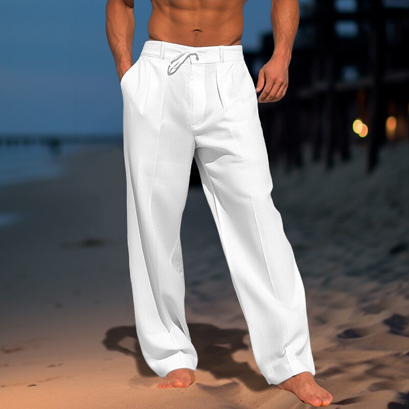 Pleated Drawstring Straight-Leg Beach Pants