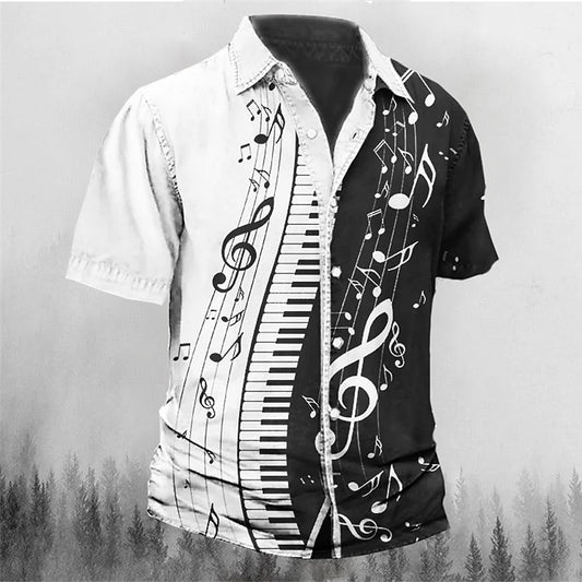 Camisa con botones y notas musicales y teclas panorámicas de manga corta