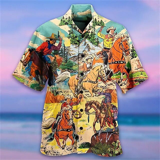 Camisa hawaiana de verano con botones y manga corta con estampado de guitarra colorida