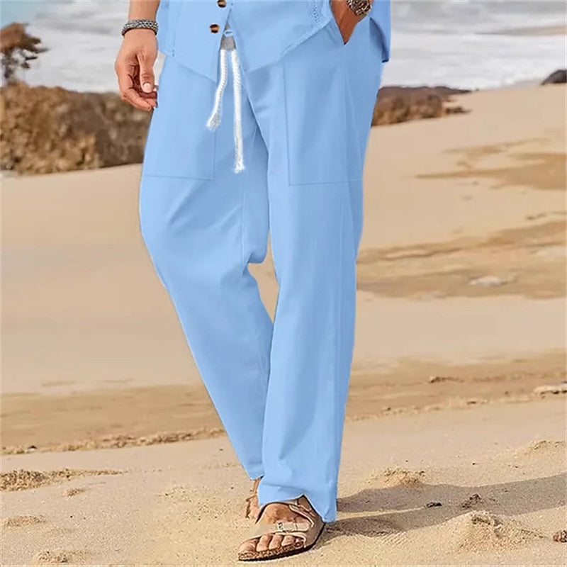 Solid color linen shirt two-piece set