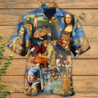 Camisa hawaiana de verano con pintura al óleo de gato tropical