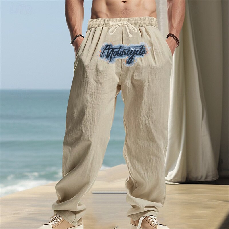 Embroidered Linen Drawstring Beach Pants