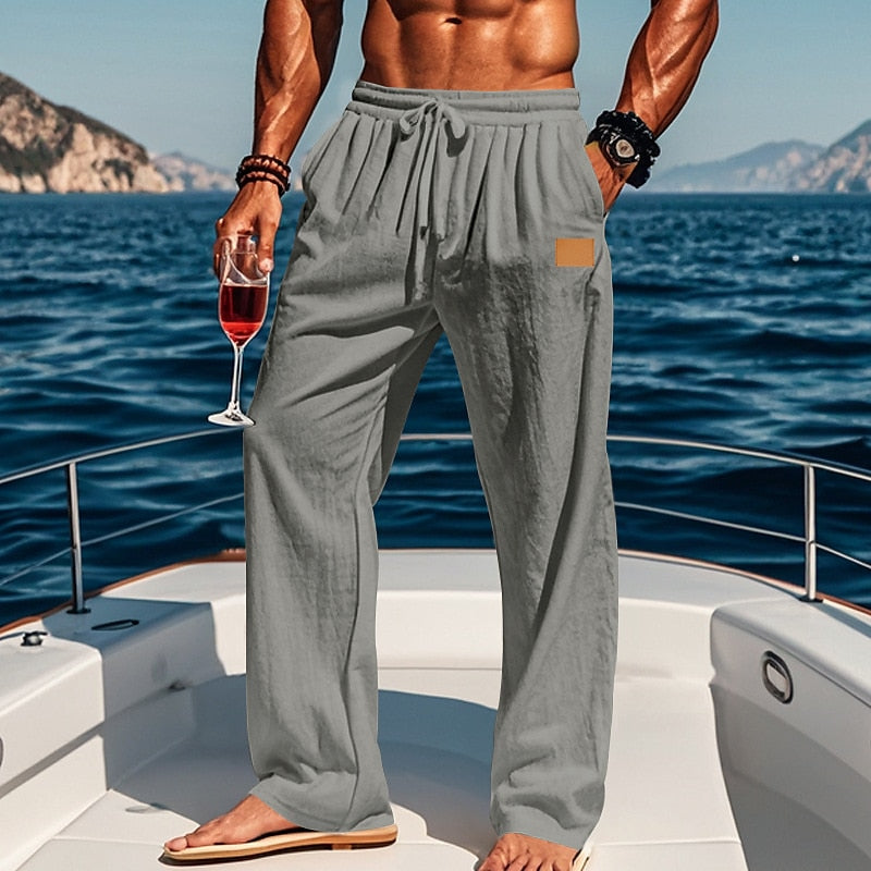 Linen Drawstring Straight-Leg Beach Pants