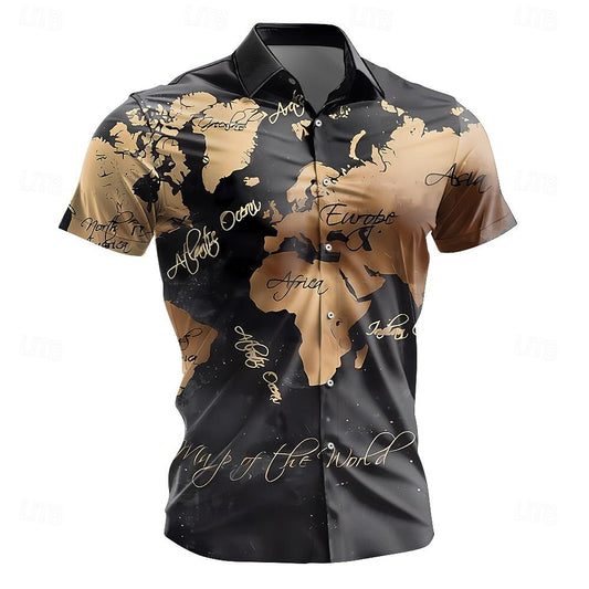 Camisa con botones y mapa del mundo, estilo vintage, informal, de manga corta, para uso diario