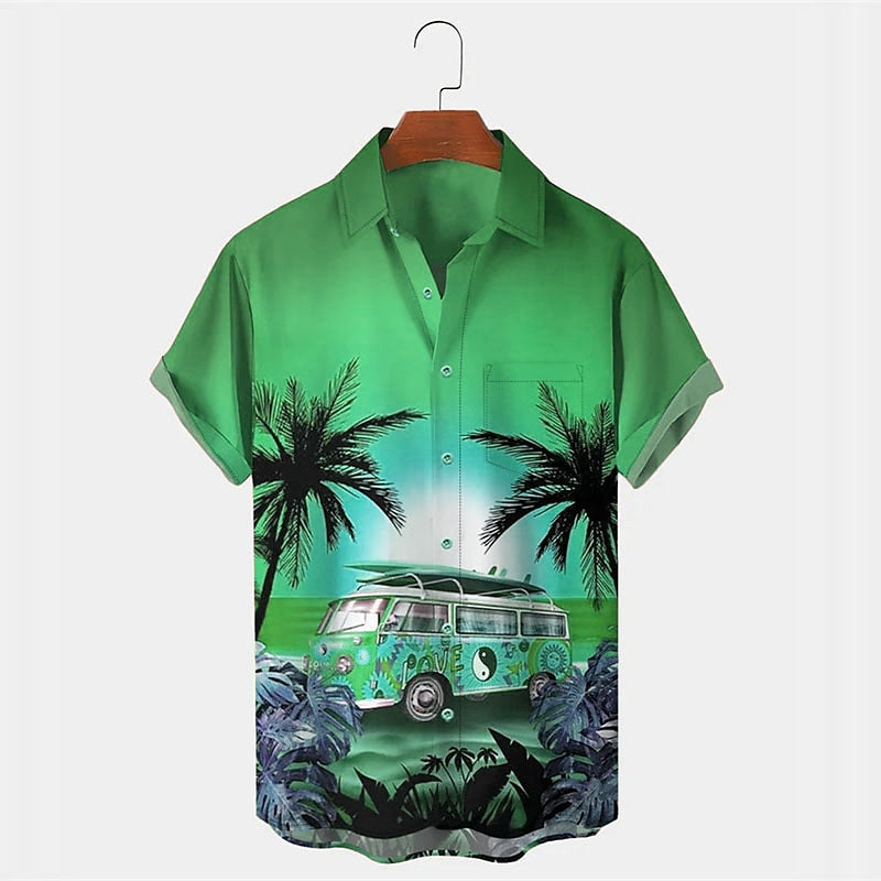 Camiseta con plantas tropicales, coche y cocotero