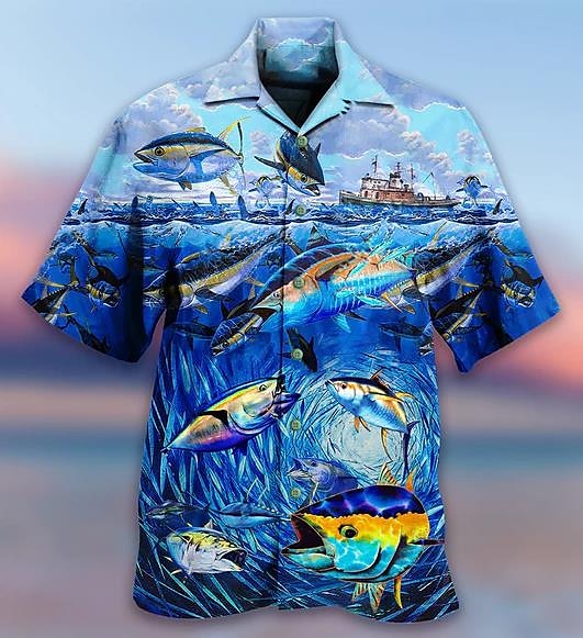 Camisa hawaiana de verano con estampado de paisaje marino y barco