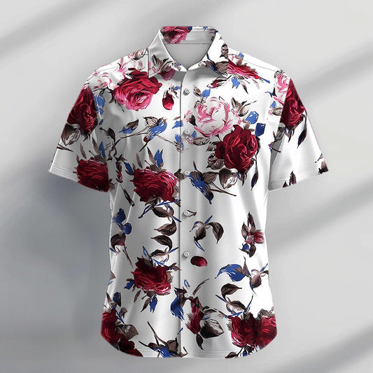 Camisa hawaiana de verano con botones y flores tropicales y rosas