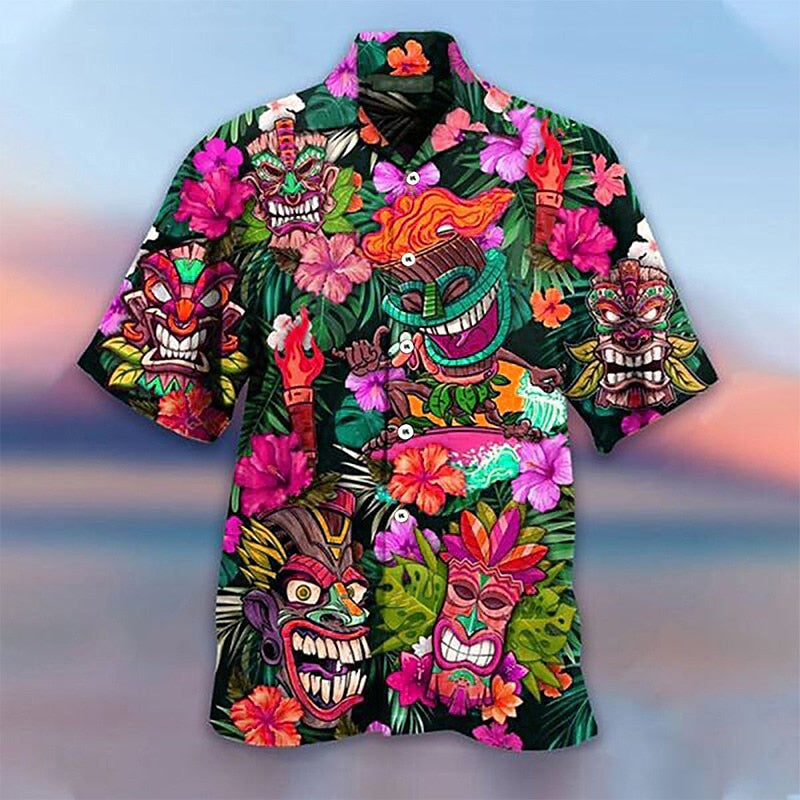 Camisa hawaiana de verano con máscara de dibujos animados y plantas tropicales