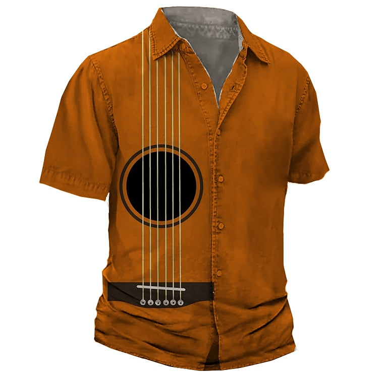 Camisa con botones y notas musicales y teclas panorámicas de manga corta