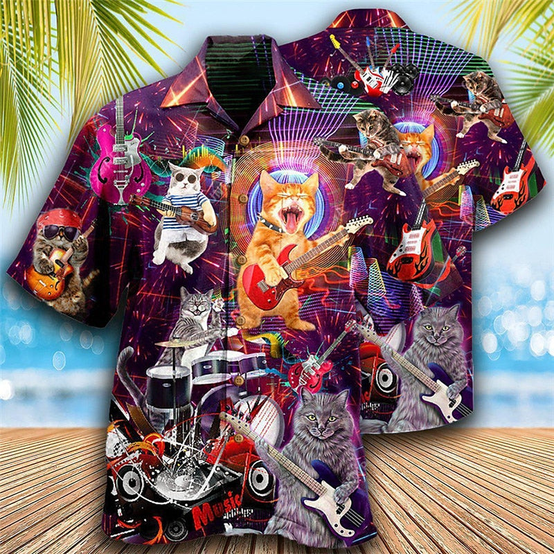 Camisa hawaiana de verano con diseño de gato y guitarra, camisa hawaiana de manga corta